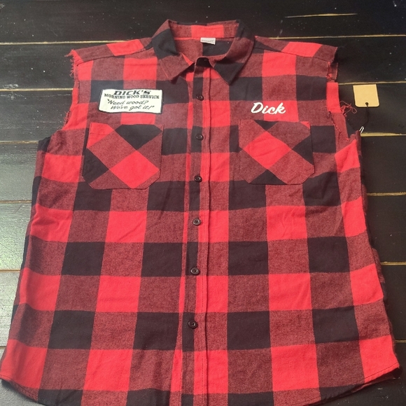 "DICK'S MORNING WOOD SERVICE" Plaid Sleeveless Shirt - Picture 2 of 12